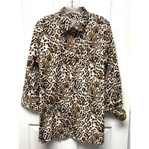 Chicos Blouse Animal Print Blouse Cotton Stretch Button Up Women’s Size 10